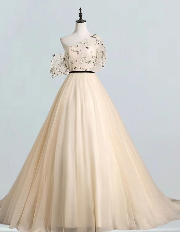 Girls' Elegant Tulle One-Shoulder Prom Dress | Formal Evening Ball Gown