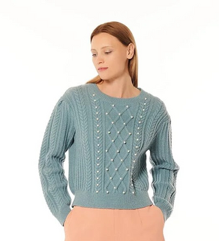 Bead Embellished Long Sleeve Cable-Knit Sweater - By Baano