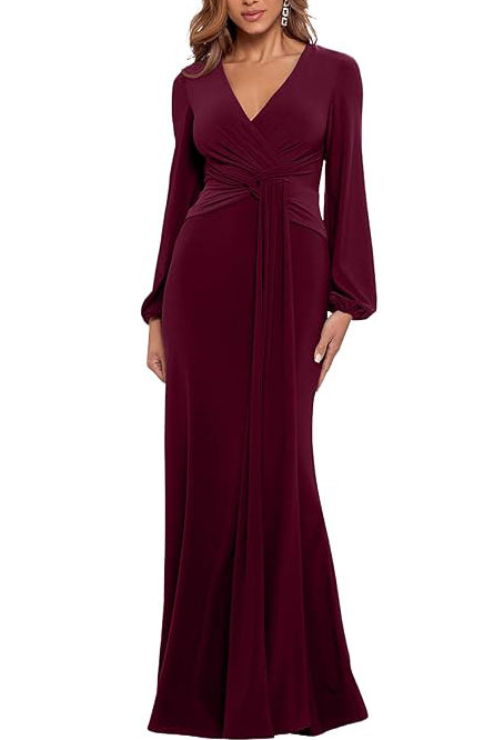 Betsy & Adam V-Neck Long Bishop Sleeves Draped Knotted Waist Detail Floor Length Silhouette Sheath Dress