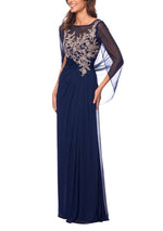 Betsy and Adam Willa Boat Neck Sheer Cape Sleeves Embroidered Embellished Bodice Back Zipper Fit Draped Skirt Dress