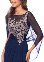 Betsy and Adam Willa Boat Neck Sheer Cape Sleeves Embroidered Embellished Bodice Back Zipper Fit Draped Skirt Dress