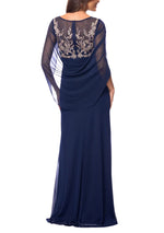 Betsy and Adam Willa Boat Neck Sheer Cape Sleeves Embroidered Embellished Bodice Back Zipper Fit Draped Skirt Dress