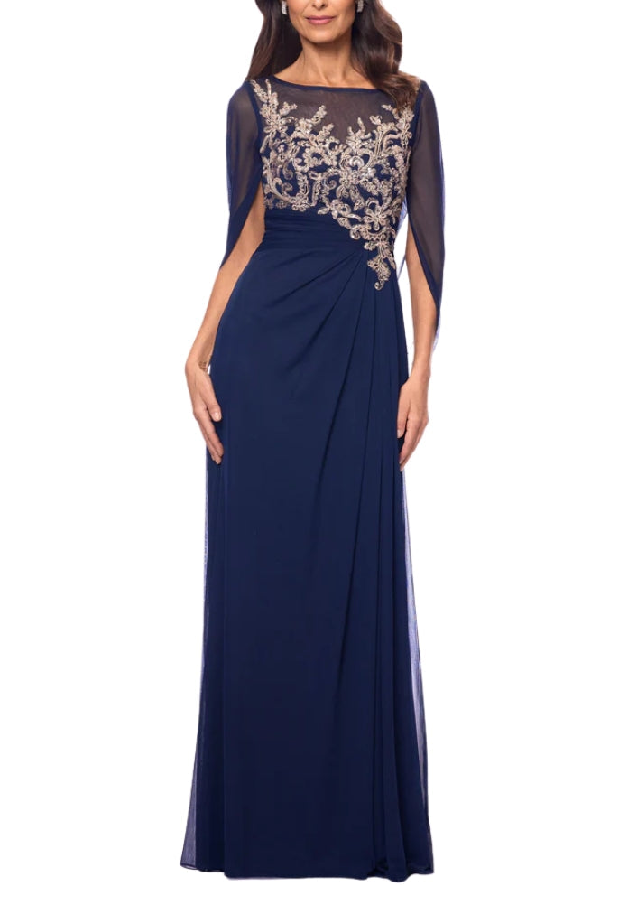 Betsy and Adam Willa Boat Neck Sheer Cape Sleeves Embroidered Embellished Bodice Back Zipper Fit Draped Skirt Dress