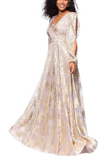 Betsy and Adam Marla Deep V-Neckline Long Billowy Cutout Sleeves Back Zipper Wrap-Style Bodice Dress