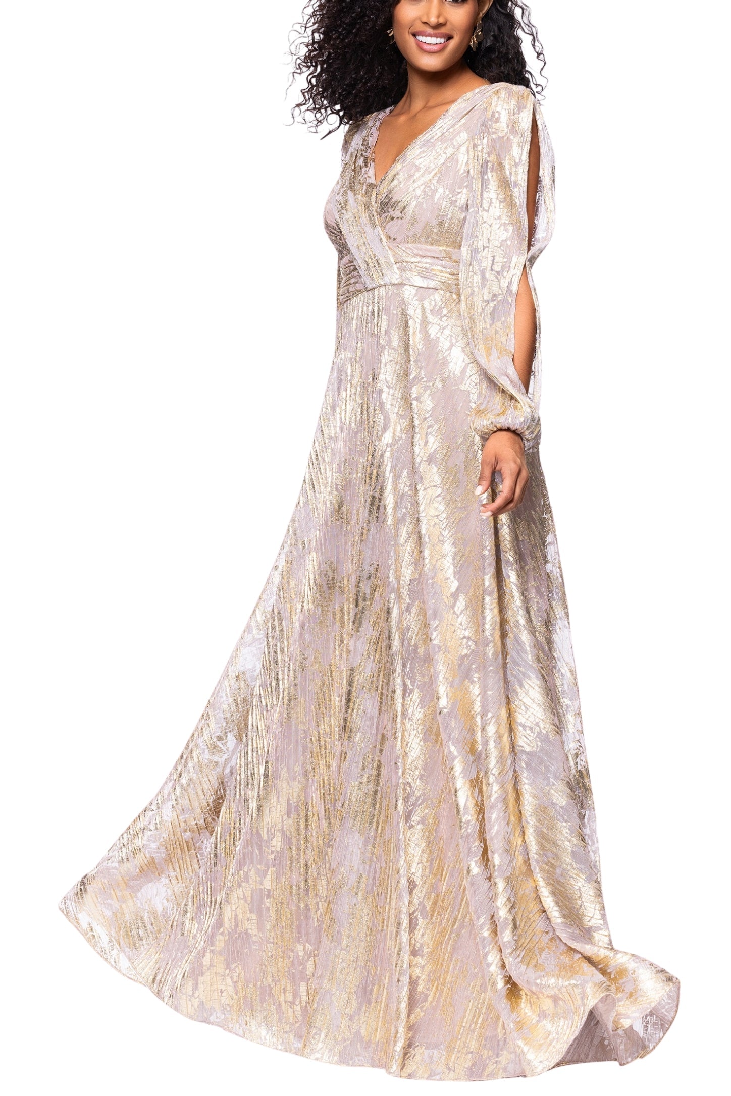 Betsy and Adam Marla Deep V-Neckline Long Billowy Cutout Sleeves Back Zipper Wrap-Style Bodice Dress