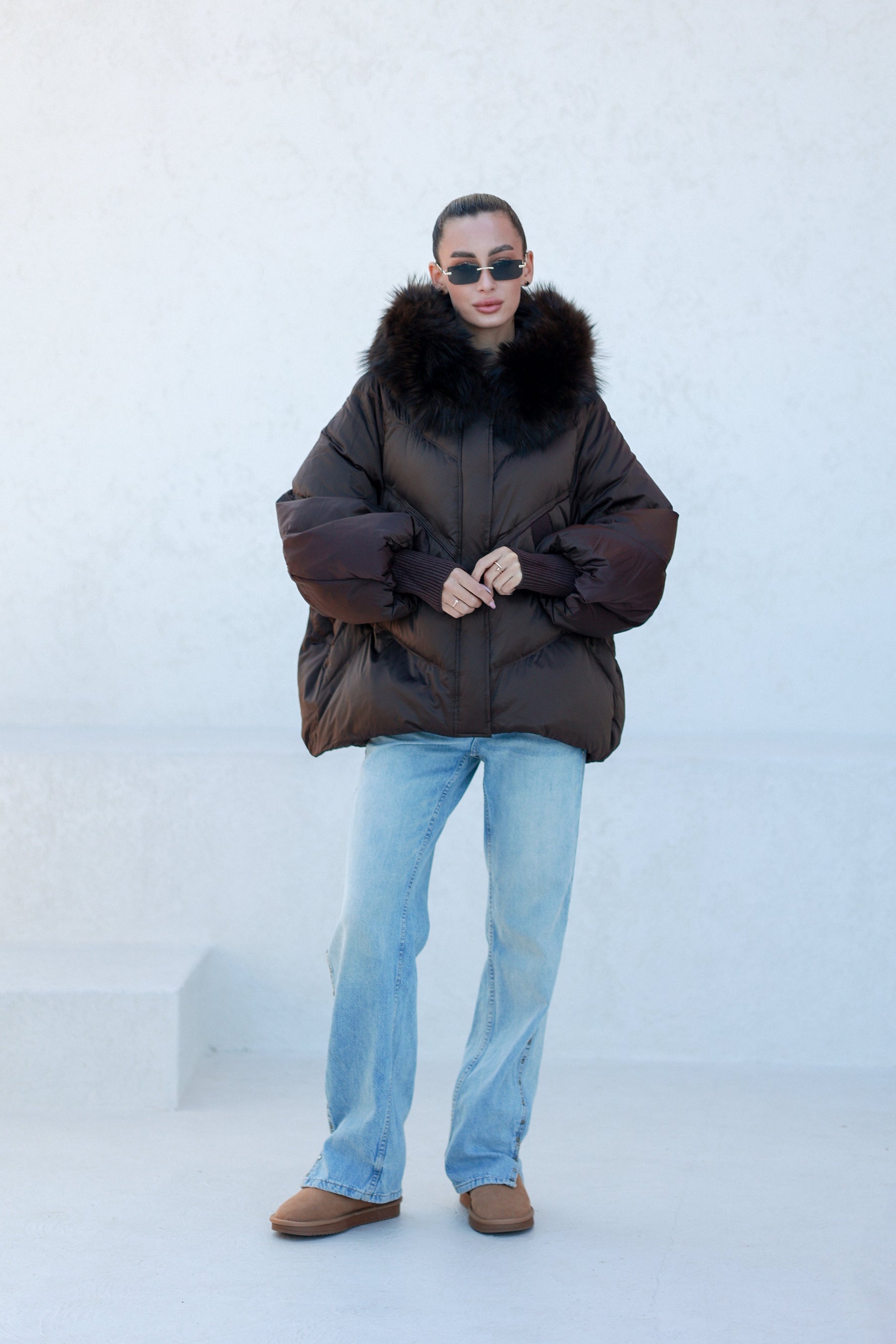 Chantal Genuine Fur Trim Down Fill Coat in Chocolate