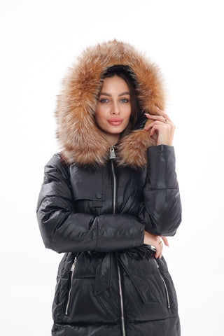 Genuine Silver Fox Fur Alternative Down Fill Coat - By Baano