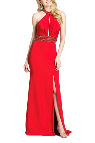 Dave & Johnny Embellished Halter Neck Slit Front Embellished Waist Zipper Back Cutout Back Satin Dress - By Baano