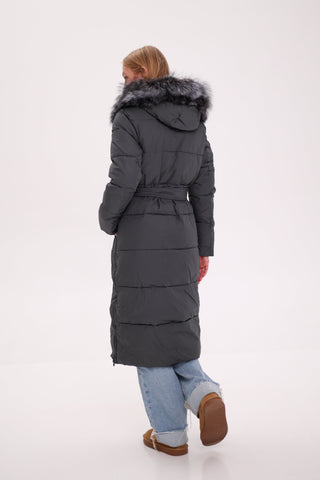 Genuine Silver Fox Belted Winter Insulated Coat