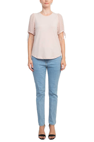 Adrianna Papell Crew Neck Clip Dot Short Sleeve with Tie Solid Knit Moss Crepe Top - By Baano