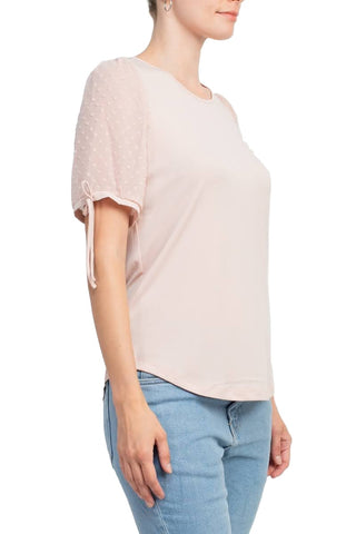 Adrianna Papell Crew Neck Clip Dot Short Sleeve with Tie Solid Knit Moss Crepe Top - By Baano