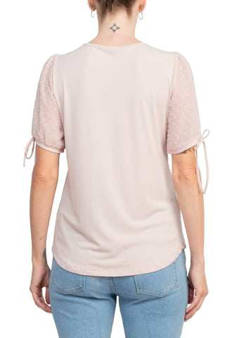 Adrianna Papell Crew Neck Clip Dot Short Sleeve with Tie Solid Knit Moss Crepe Top - By Baano