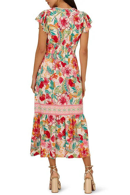 Adrianna Papell Floral V-Neckline Flutter Cap Short Sleeves Maxi Dress