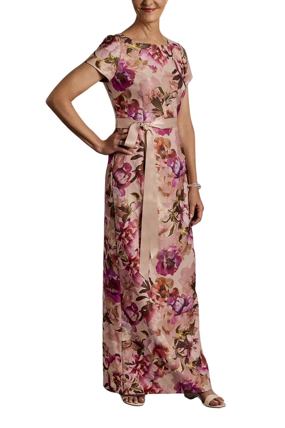 Adrianna Papell Floral Print Short-Sleeve Back Zipper Sheath Slim Column Dress