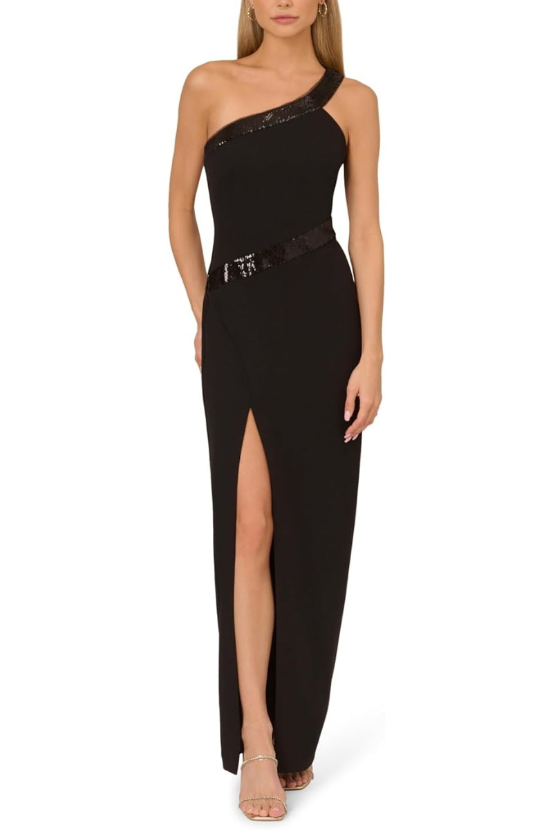 Adrianna Papell Asymmetric One-Shoulder Embellished Sequin Trim Side-Zip Closure Crepe Gown Dress