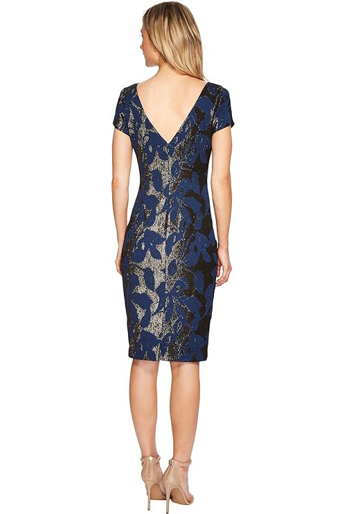 Adrianna Papell V-Back Neckline Short Sleeves Metallic Floral Jacquard Sheath Dress
