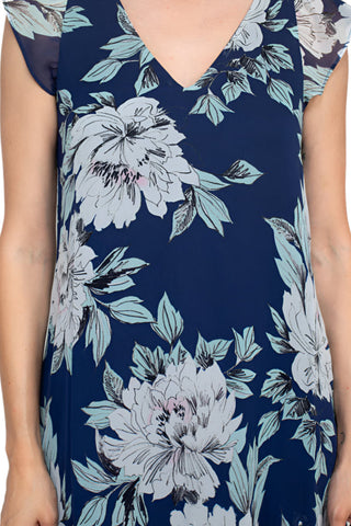 Adrianna Papell V-Neck Short Sleeve Zipper Back Floral Print Godet Hem Chiffon Dress - By Baano