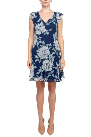 Adrianna Papell V-Neck Short Sleeve Zipper Back Floral Print Godet Hem Chiffon Dress - By Baano