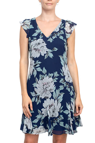 Adrianna Papell V-Neck Short Sleeve Zipper Back Floral Print Godet Hem Chiffon Dress - By Baano