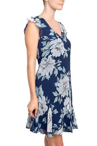 Adrianna Papell V-Neck Short Sleeve Zipper Back Floral Print Godet Hem Chiffon Dress - By Baano