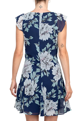 Adrianna Papell V-Neck Short Sleeve Zipper Back Floral Print Godet Hem Chiffon Dress - By Baano