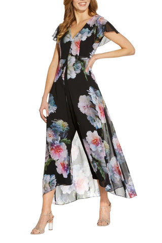 Adrianna Papell V Neck Short Sleeves Back Zipper Chiffon Overlay Jumpsuit - Glamourous Grace