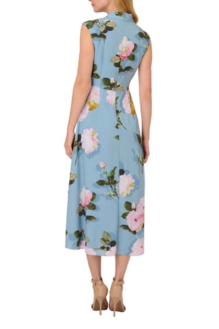 Adrianna Papell Tie Neck Sleeveless Zipper Back Floral Print Slit Side Crepe Dress - By Baano