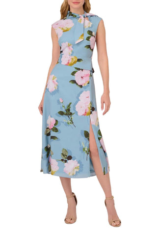 Adrianna Papell Tie Neck Sleeveless Zipper Back Floral Print Slit Side Crepe Dress - By Baano