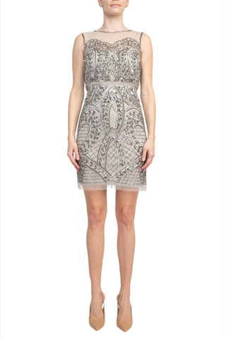 Adrianna Papell Boat Neck Sleeveless Embellished Zipper Back Mesh Dress - By Baano