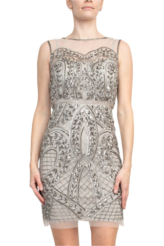 Adrianna Papell Boat Neck Sleeveless Embellished Zipper Back Mesh Dress - By Baano