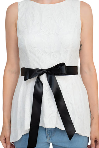 Adrianna Papell Boat Neck Sleeveless Tie Waist High Low Hem Lace Top - By Baano