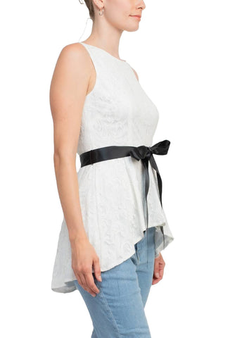 Adrianna Papell Boat Neck Sleeveless Tie Waist High Low Hem Lace Top - By Baano
