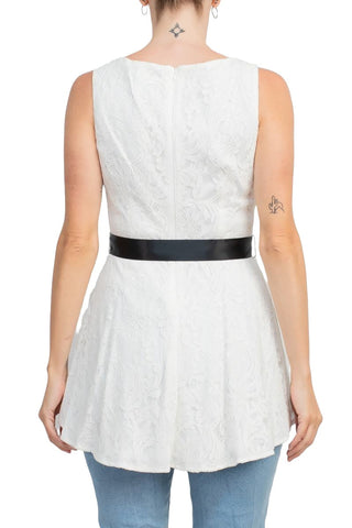 Adrianna Papell Boat Neck Sleeveless Tie Waist High Low Hem Lace Top - By Baano