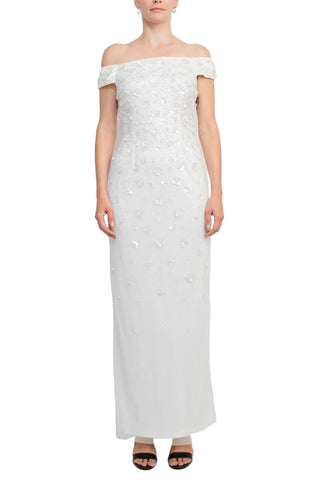 Adrianna Papell Off-Shoulder Zipper Back Sequined Beaded Column Mesh Dress - By Baano