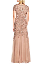 Adrianna Papell Boat Neck Short Sleeves Back Zipper Long Beaded Mesh Dress