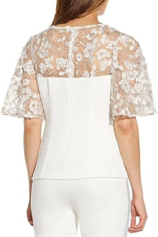 Adrianna Papell Crew Neck Bell Sleeve Zipper Back Illusion Embroidered Crepe Top - By Baano