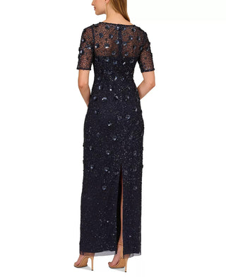 Adrianna Papell Boat Neck Short Sleeves Back Zipper Long Beaded Dress - By Baano