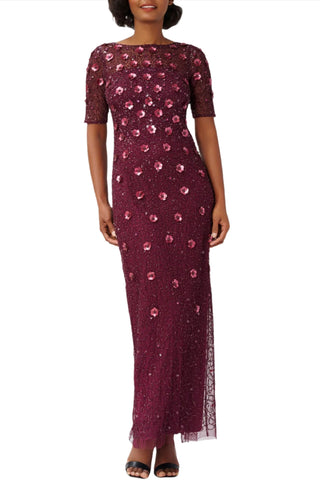 Adrianna Papell Boat Neck Short Sleeves Back Zipper Long Beaded Dress - By Baano