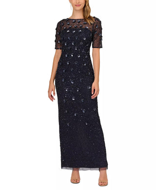 Adrianna Papell Boat Neck Short Sleeves Back Zipper Long Beaded Dress - By Baano