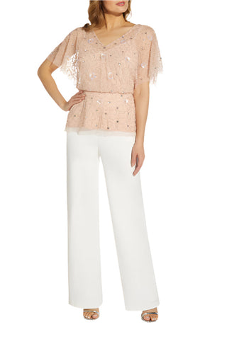 Adrianna Papell beaded mesh zippered flutter sleeve v neck blouse - By Baano