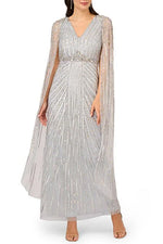 Adrianna Papell V-Neck Cape Sleeve Zipper Closure Sequined Gown