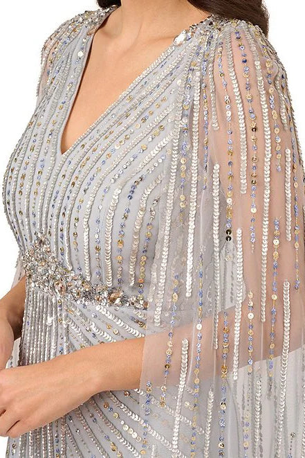 Adrianna Papell V-Neck Cape Sleeve Zipper Closure Sequined Gown