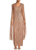 Adrianna Papell V-Neck Cape Sleeve Zipper Closure Sequined Gown