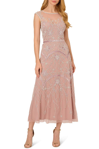 Adrianna Papell Beaded Illusion Boat Neck Sleeveless Cap Sleeve Dress - By Baano