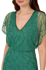 Adrianna Papell V-Neck Beaded Blouson Mermaid Gown with Short Sleeves (Plus Size)