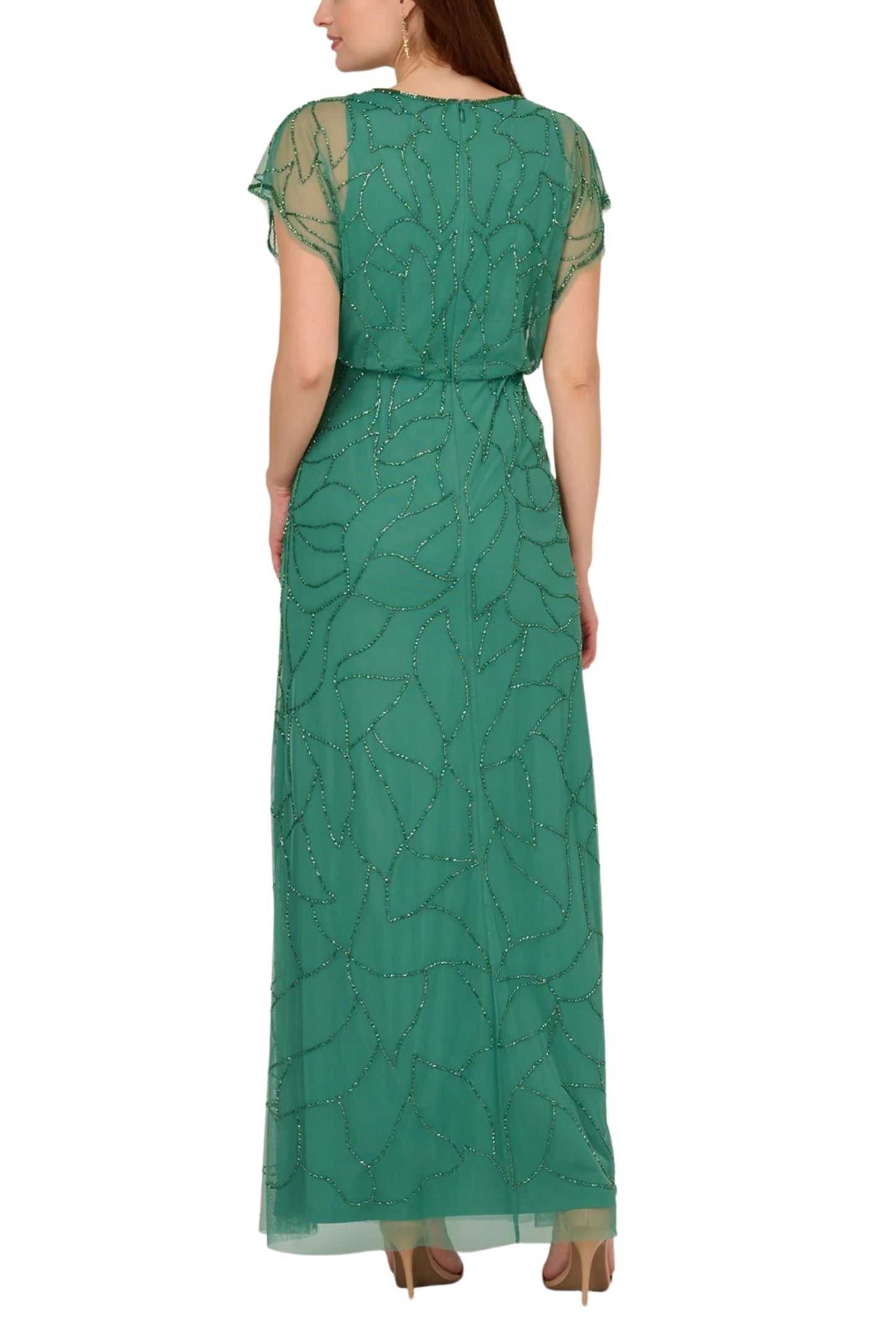 Adrianna Papell V-Neck Beaded Blouson Mermaid Gown with Short Sleeves (Plus Size)