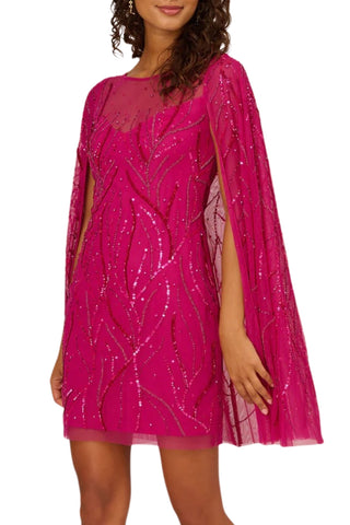 Adrianna Papell Sequin Cape with Illusion Neckline Shift Dress