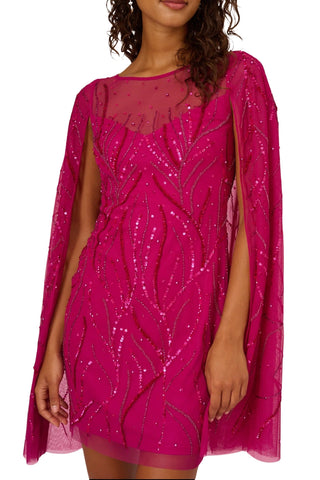Adrianna Papell Sequin Cape with Illusion Neckline Shift Dress