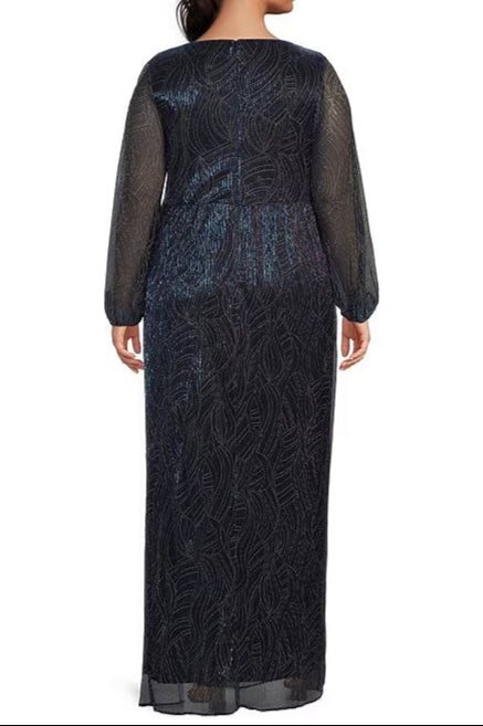 Adrianna Papell Metallic Mesh Surplice V-Neck Long Sleeve A-Line Dress (Plus Size)