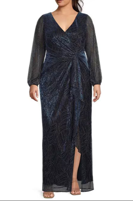 Adrianna Papell Metallic Mesh Surplice V-Neck Long Sleeve A-Line Dress (Plus Size)